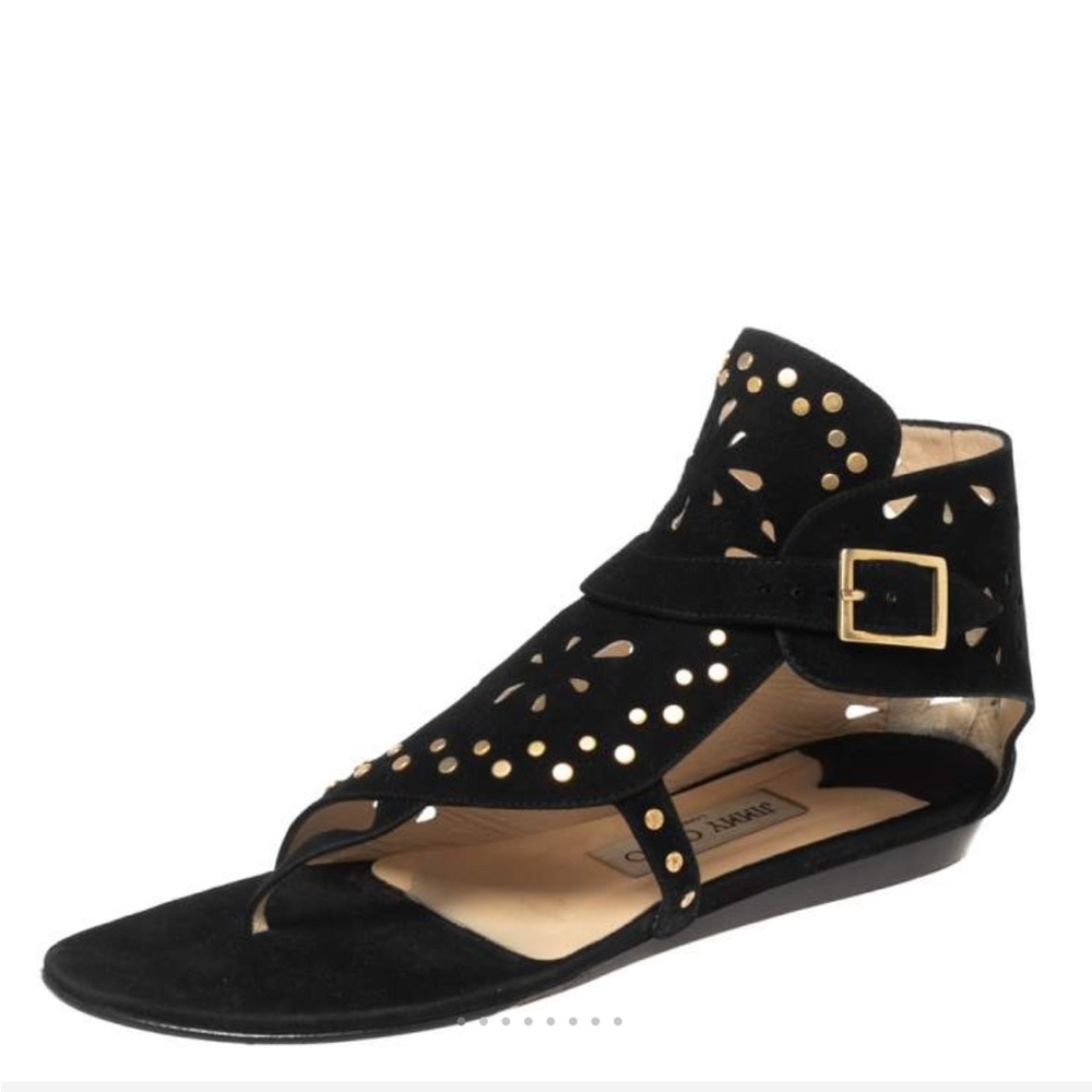 Jimmy Choo Vernie Black Suede Laser Cut Sandals